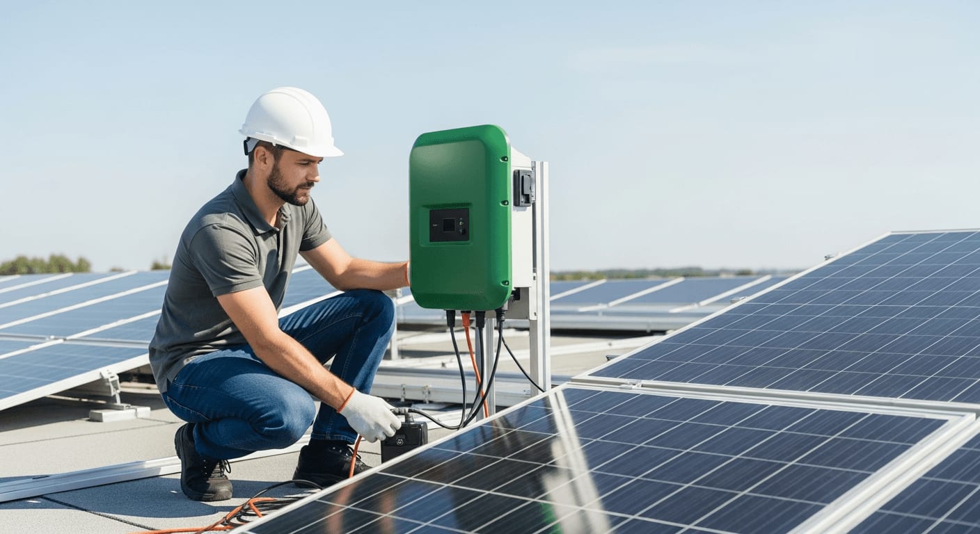 Ein Techniker installiert ein Microinverter an einer XXL Solaranlage auf einem Flachdach