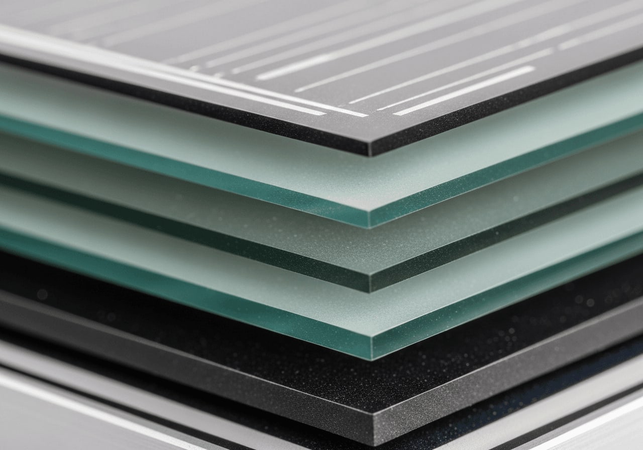 Detailaufnahme einer bifazialen Solarpanel-Kante, die die Glasschichten zeigt