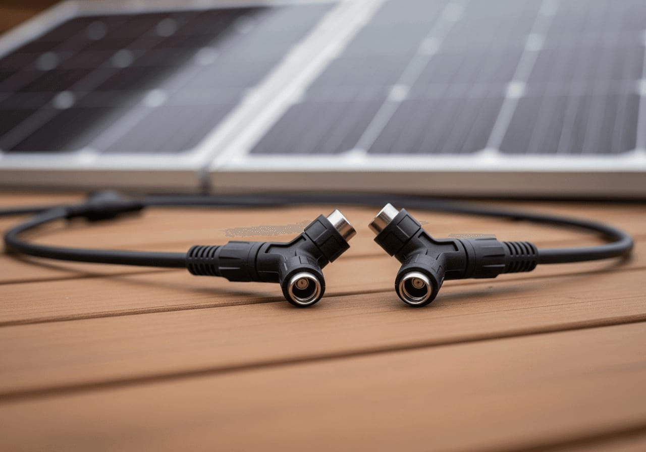 Y-Kabelverbinder für Solarmodule liegen auf einem Holzdeck
