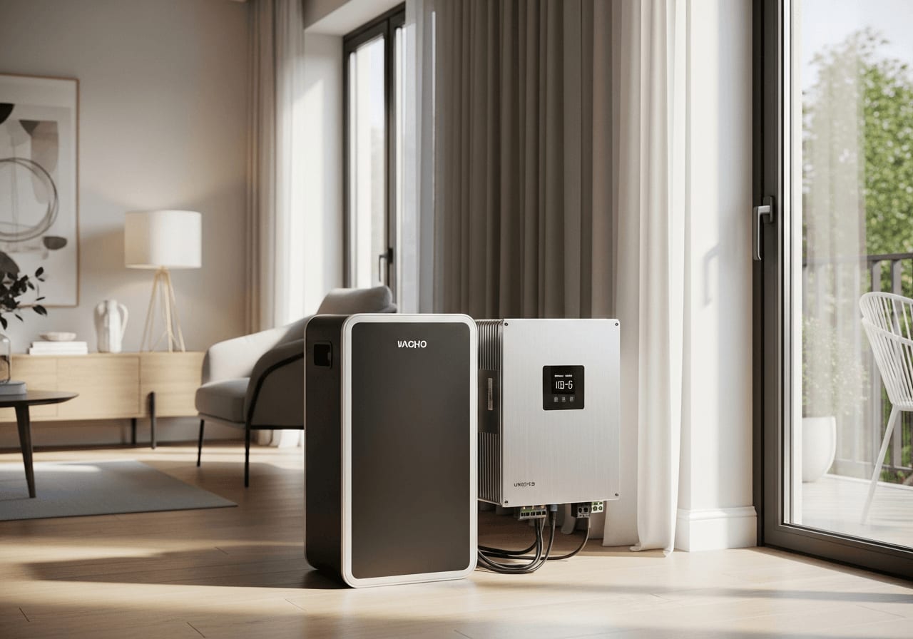 Kompakte Balkon-Solarbatterieeinheit neben einem Wechselrichter, modernes Design