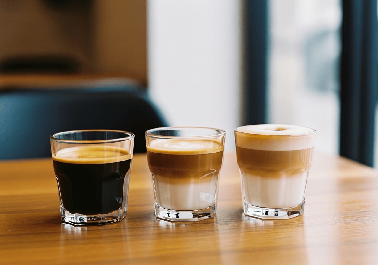 Drei Gläser mit klassischen Kaffee-Rezepten zeigen perfekte Mischverhältnisse von Espresso und Milchschaum auf einem Holztisch.