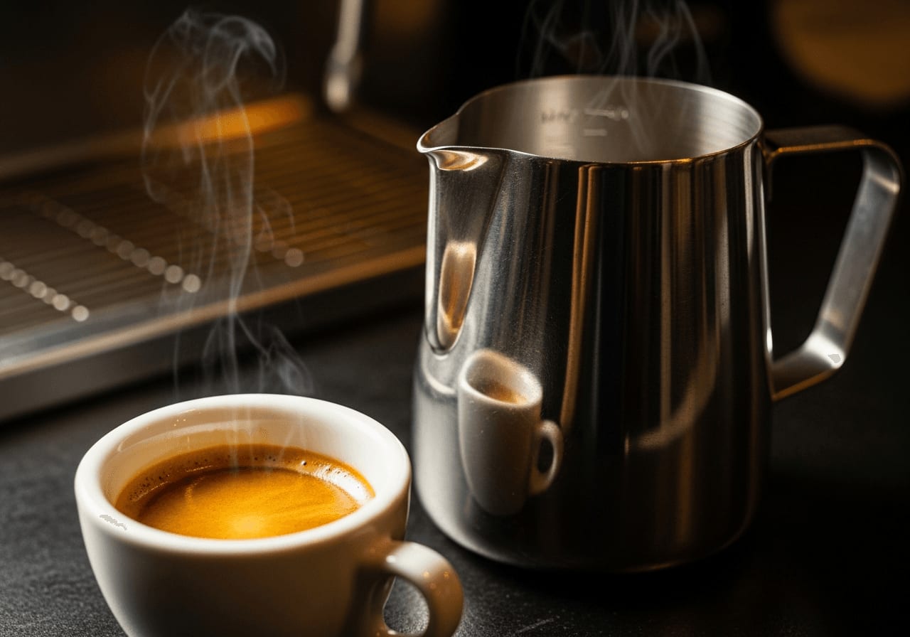 Ein Barista-Milchkännchen aus Edelstahl mit Innenskala neben einem Espresso für das exakte Abmessen der Kaffee-Rezepte.
