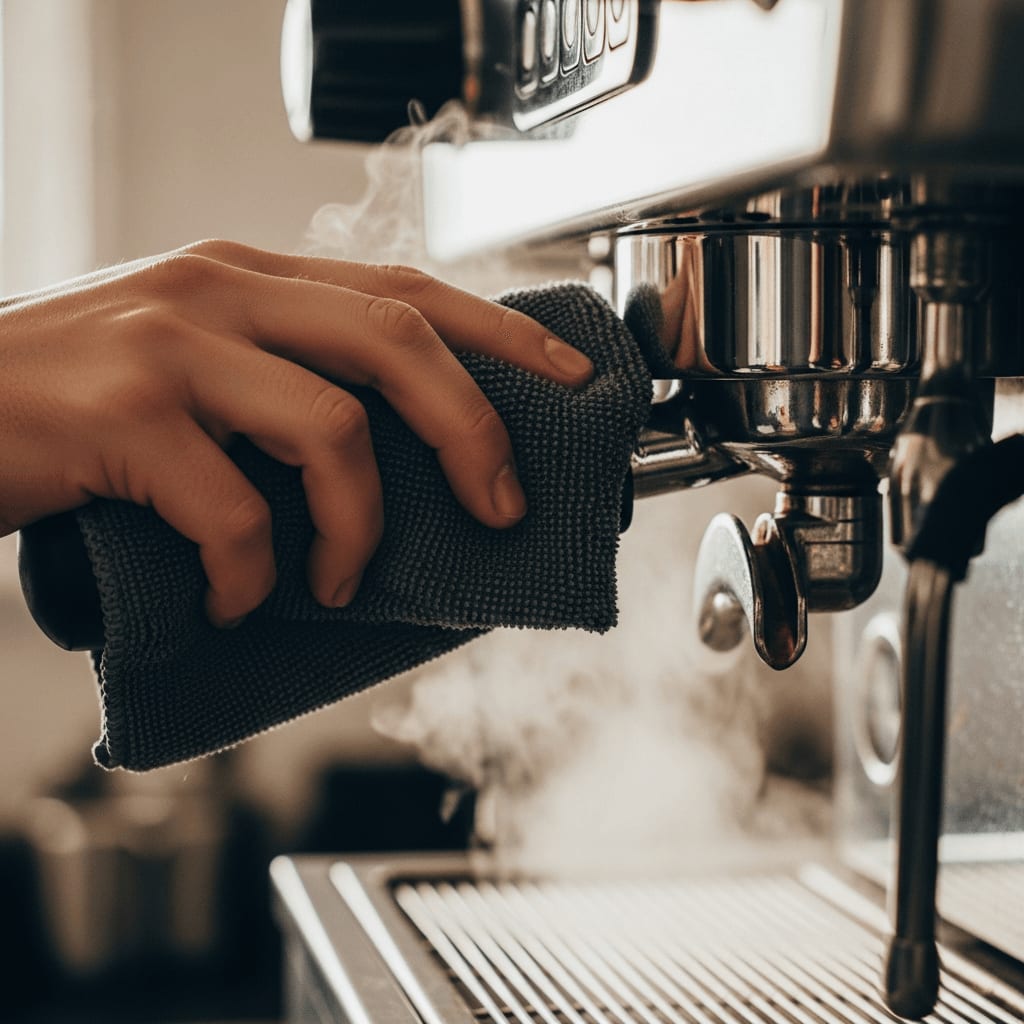 Wichtiges Kaffeemaschinen-Zubehör zur Pflege: Ein sauberes Mikrofasertuch wischt die Dampflanze der Espressomaschine ab.