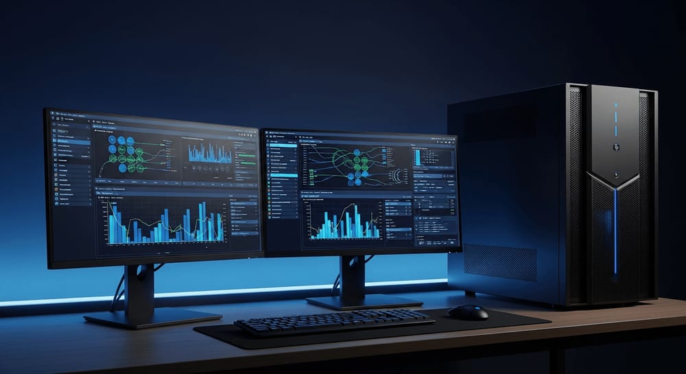 Welches NAS-Betriebssystem für Profis? Ein IT-Arbeitsplatz mit Monitoren und einem großen NAS-Server im dunklen Raum