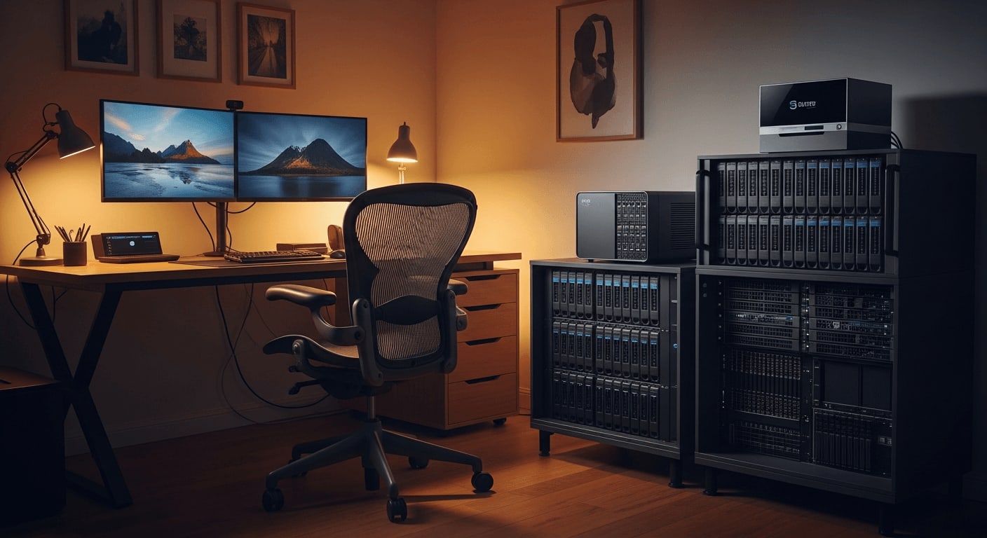 Synology vs. QNAP 2026: Zwei leistungsstarke NAS-Geräte an einem professionellen IT-Arbeitsplatz mit Monitoren
