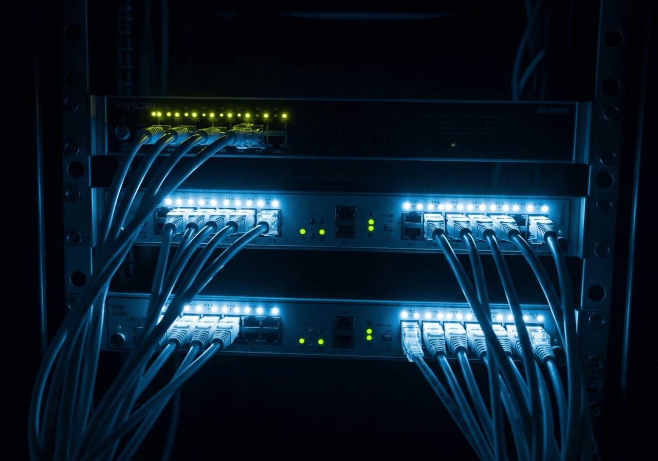 Zuverlässige Backup-Strategie für Profis: Leuchtendes Server-Rack mit Netzwerkkabeln für zentrale Datensicherung