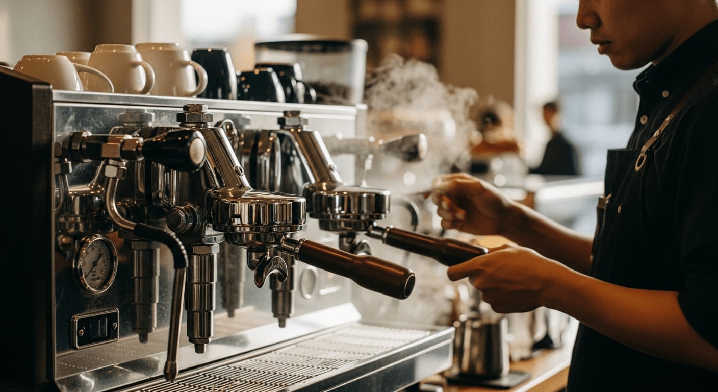 Barista-Vokabular Lexikon: Ein Barista mit Schürze bereitet an einer professionellen Espressomaschine einen Kaffee zu.