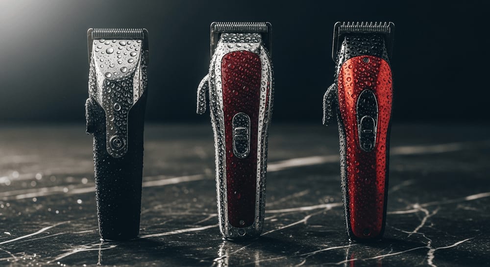 Die besten Modelle im Body Groomer Test 2026 im Vergleich auf dunklem Marmor mit Wassertropfen für den perfekten Look