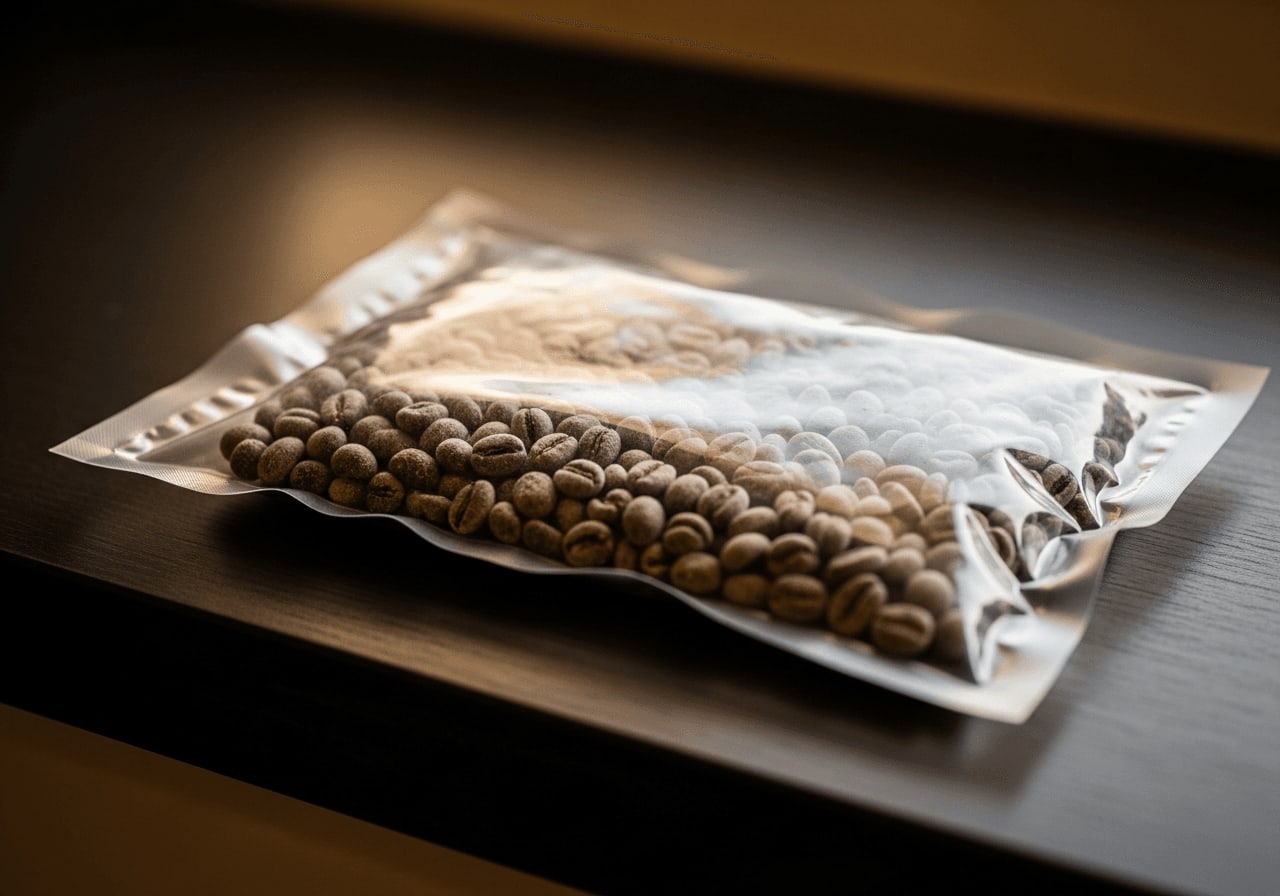 Vakuumierte Kaffeebohnen mit einer leichten Eisschicht auf einem dunklen Holztisch zum Thema Kaffeebohnen einfrieren.