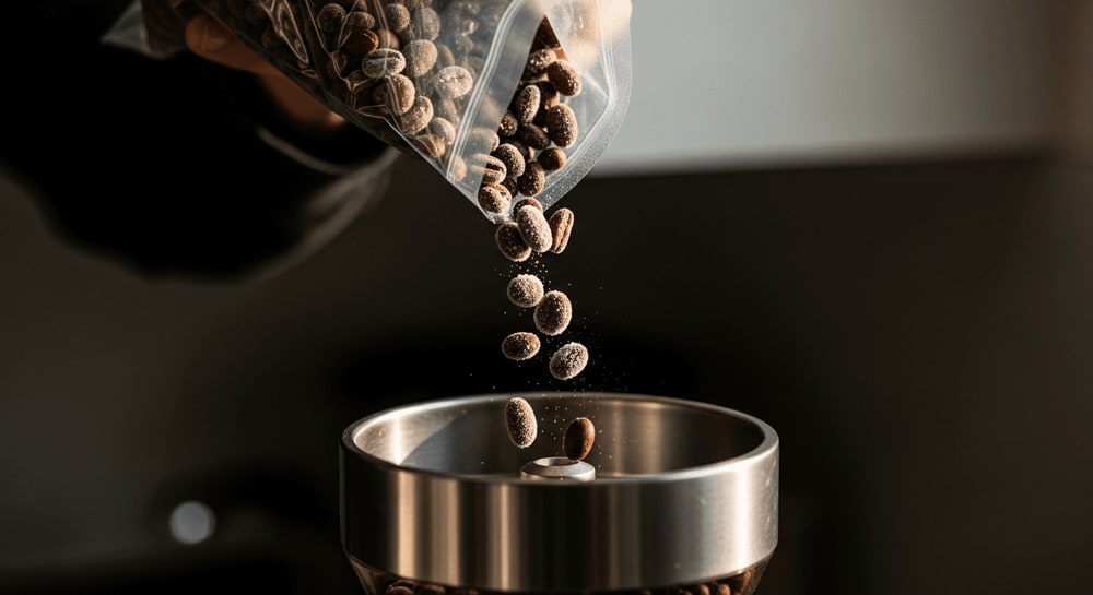 Gefrorene Kaffeebohnen mit Eiskristallen werden aus einem Vakuumbeutel direkt in eine Kaffeemühle geschüttet.