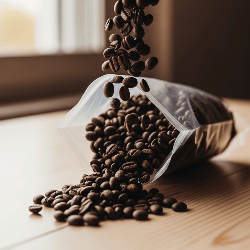 Kaffeebohnen werden für das anschließende Einfrieren in einen transparenten Vakuumierbeutel auf einem Holztisch gefüllt.