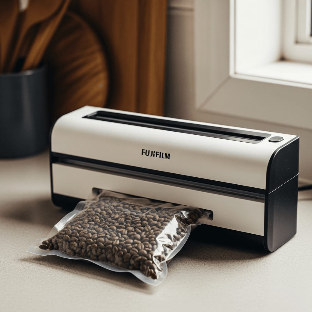 Ein modernes Vakuumiergerät versiegelt einen Beutel mit Kaffeebohnen für die sichere Kühllagerung im Gefrierschrank.