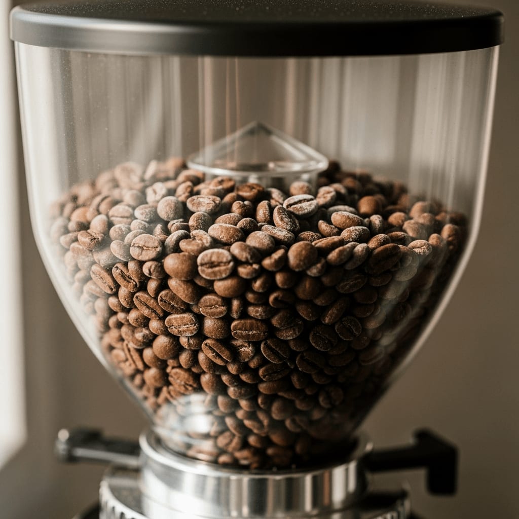 Direktes Mahlen von gefrorenen Kaffeebohnen aus dem Frost in den Bohnenbehälter einer elektrischen Kaffeemühle.