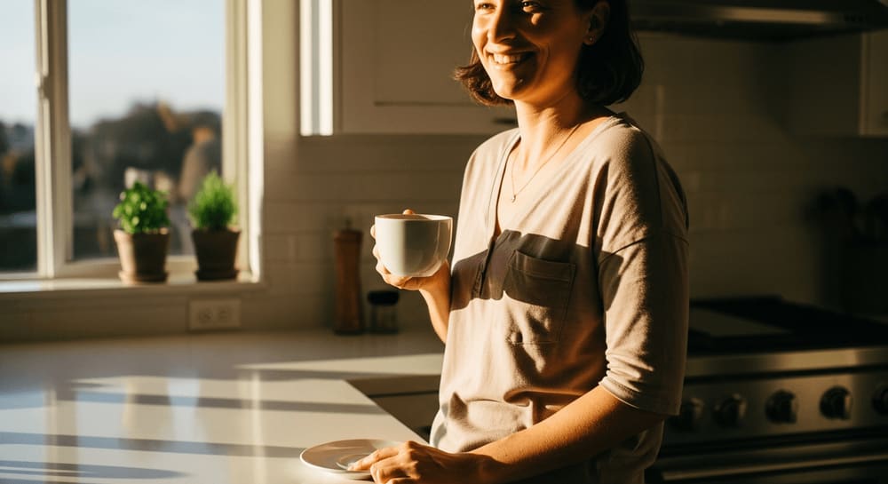 Strahlend weiße Zähne einer Person, die in einer modernen Küche einen Kaffee genießt, um Verfärbungen zu vermeiden.