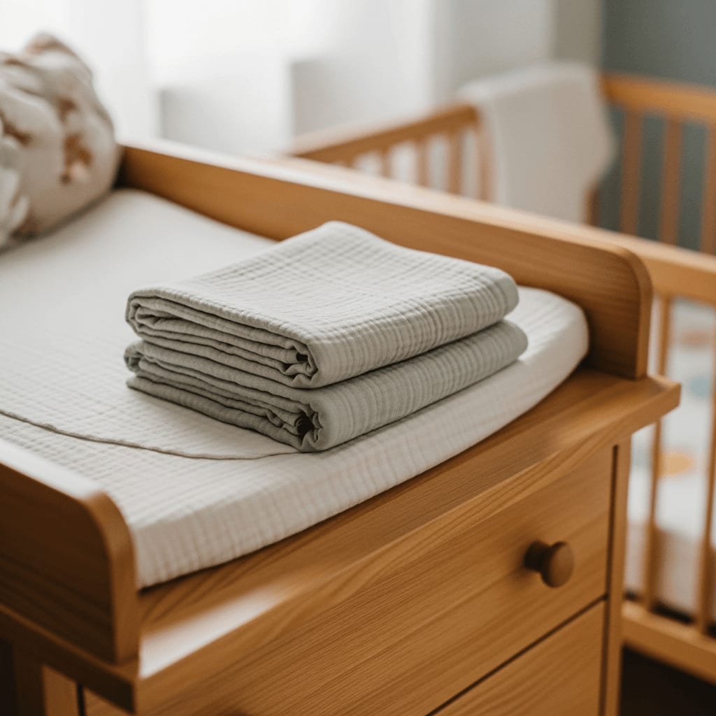 Weiches Pucktuch aus Bio-Baumwolle auf einer Holzkommode, ein bewährtes Hilfsmittel bei Schlafproblemen beim Baby.