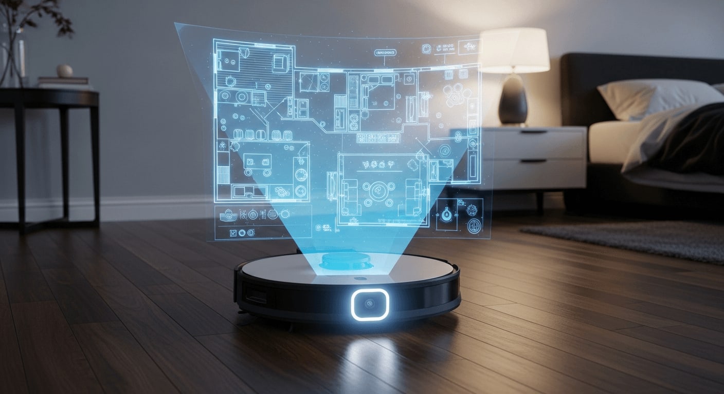 Saugroboter Datenschutz Risiken: Roboter projiziert im Schlafzimmer eine leuchtende Grundriss-Karte auf den Hartholzboden.