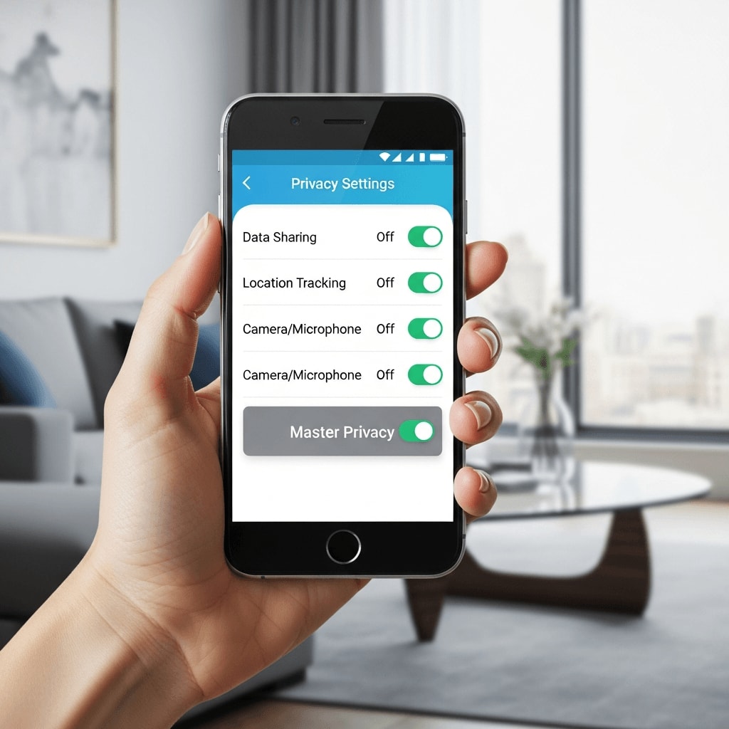 Smart Home Datenschutz: Nahaufnahme eines Smartphones mit deaktiviertem Privatsphäre-Schalter in einer Smart-Home-App.
