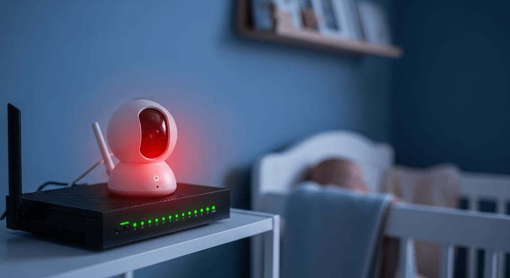 Modernes WLAN-Babyphone mit leuchtender Status-LED neben einem Router, wichtiges Setup um Babyphone Hacking zu verhindern.