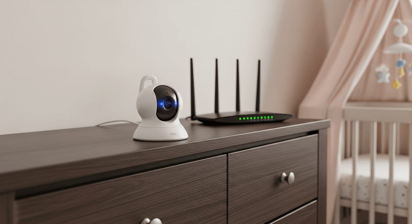 Nahaufnahme einer motorisierten WLAN-Babyphone Kamera neben einem leuchtenden Router im abgedunkelten Schlafzimmer.