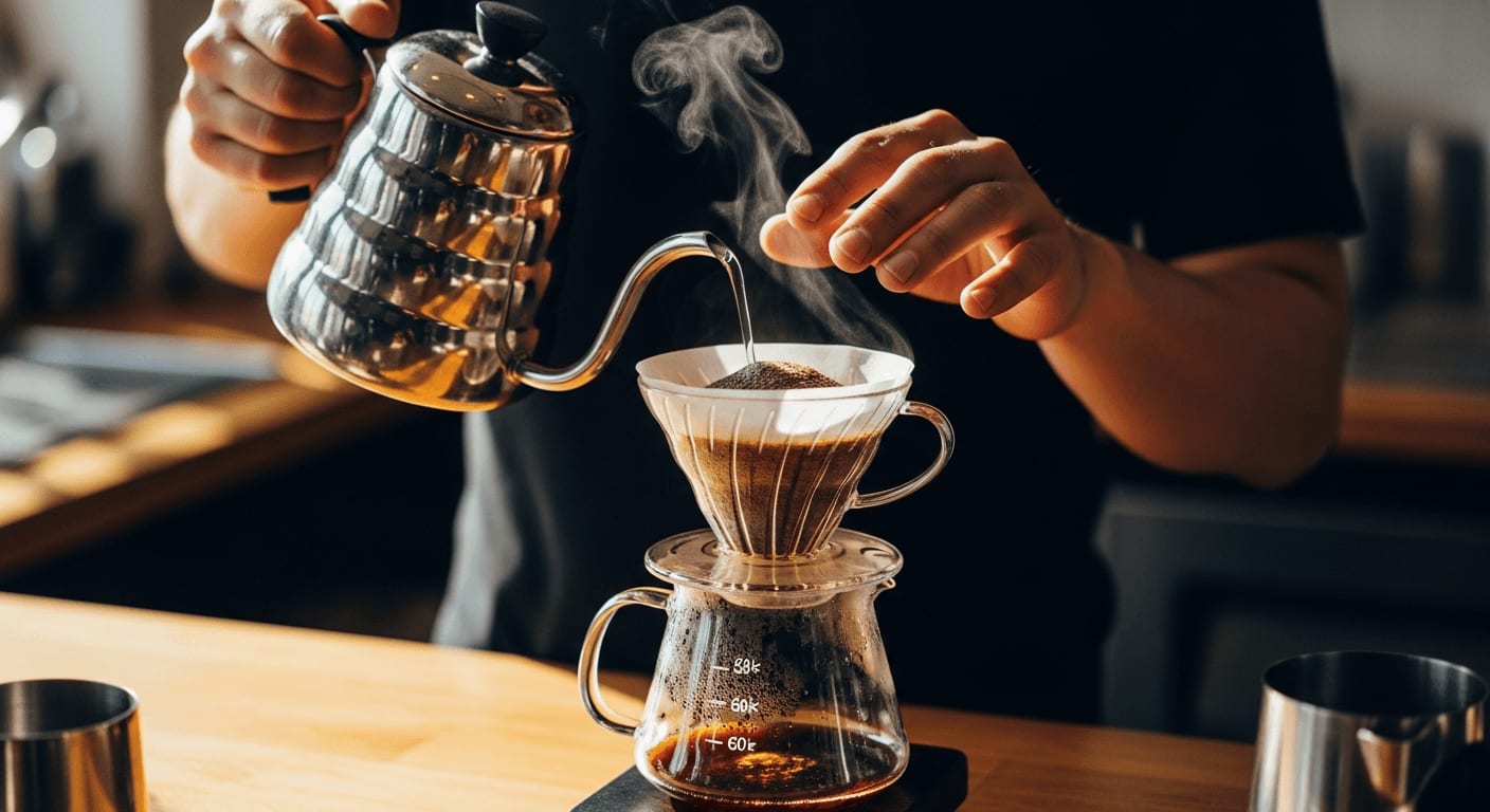 Barista brüht hell gerösteten Filterkaffee im V60-Dripper für die fruchtige Co-Fermentation auf.