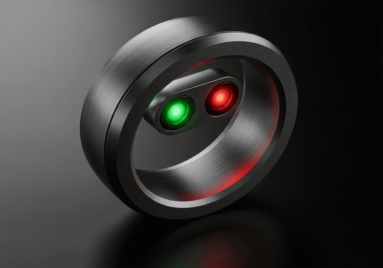 Grüne und rote optische Sensoren leuchten an der Innenseite eines Smartrings zur präzisen Herzfrequenzmessung.