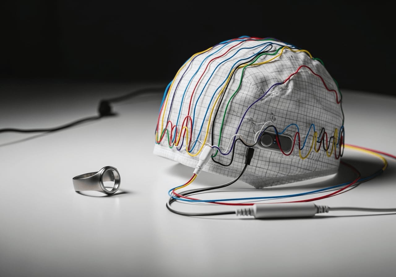 Minimalistischer Titan-Smartring liegt neben einer komplexen medizinischen EEG-Haube mit bunten Kabeln auf einem Labortisch.