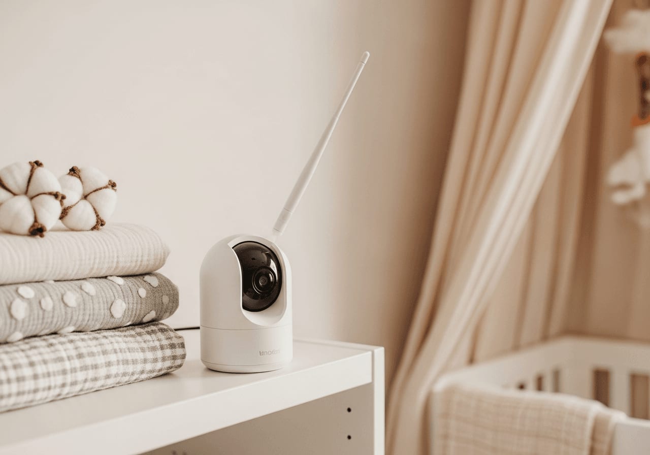 Babyphone-Kamera mit ausgerichteter Antenne neben gefalteten Decken im Babyzimmer für besseren Empfang und stabile Verbindung
