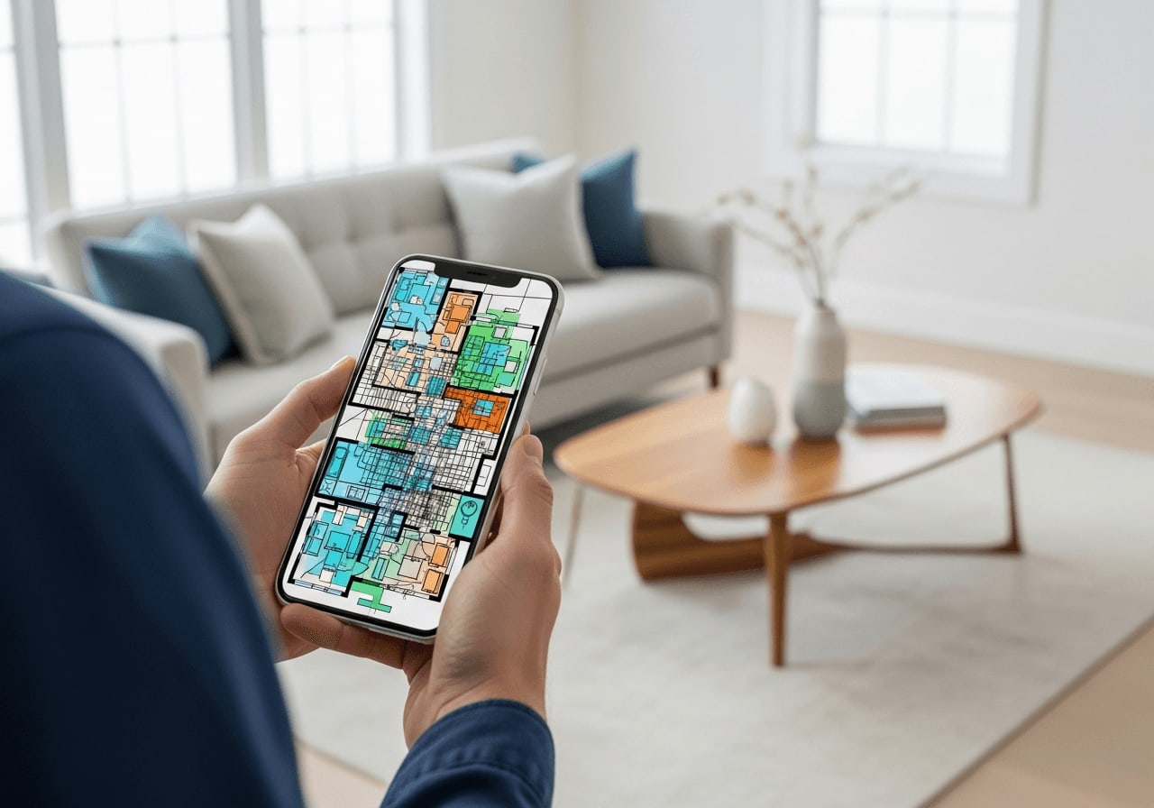 Smartphone zeigt fehlerhafte Raumkarte in der App, was beim Saugroboter zu Orientierungsverlust und Festfahren führt.