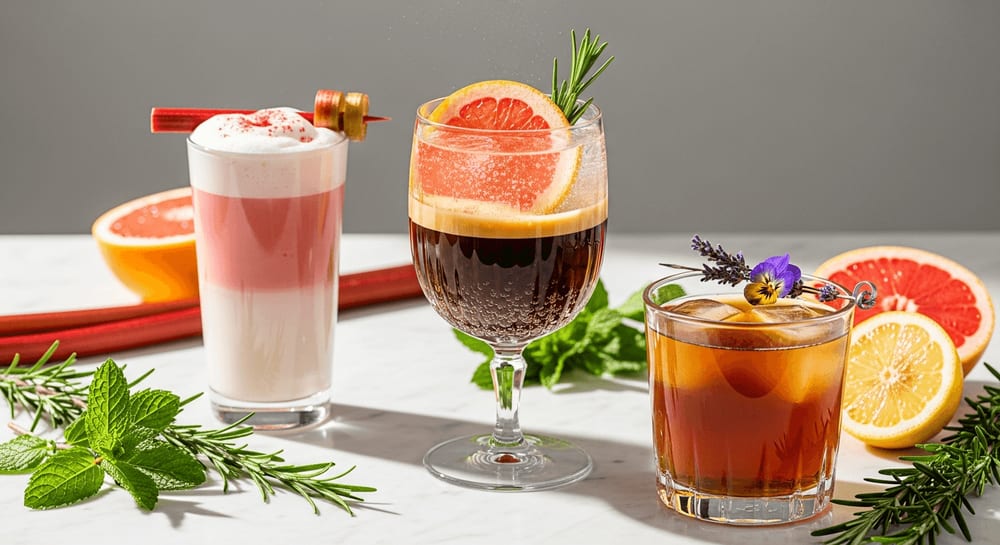 Drei erfrischende Frühlings-Kaffeegetränke wie Grapefruit Espresso Tonic und Lavendel Cold Brew auf Marmor.