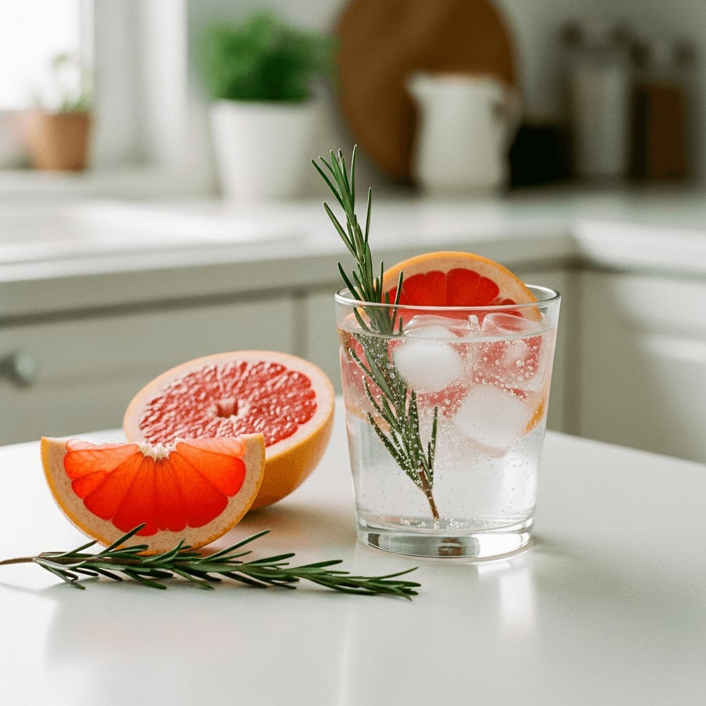 Frische Grapefruitscheiben und Rosmarin als natürliche Zutaten für einen erfrischenden Espresso Tonic im Frühling.