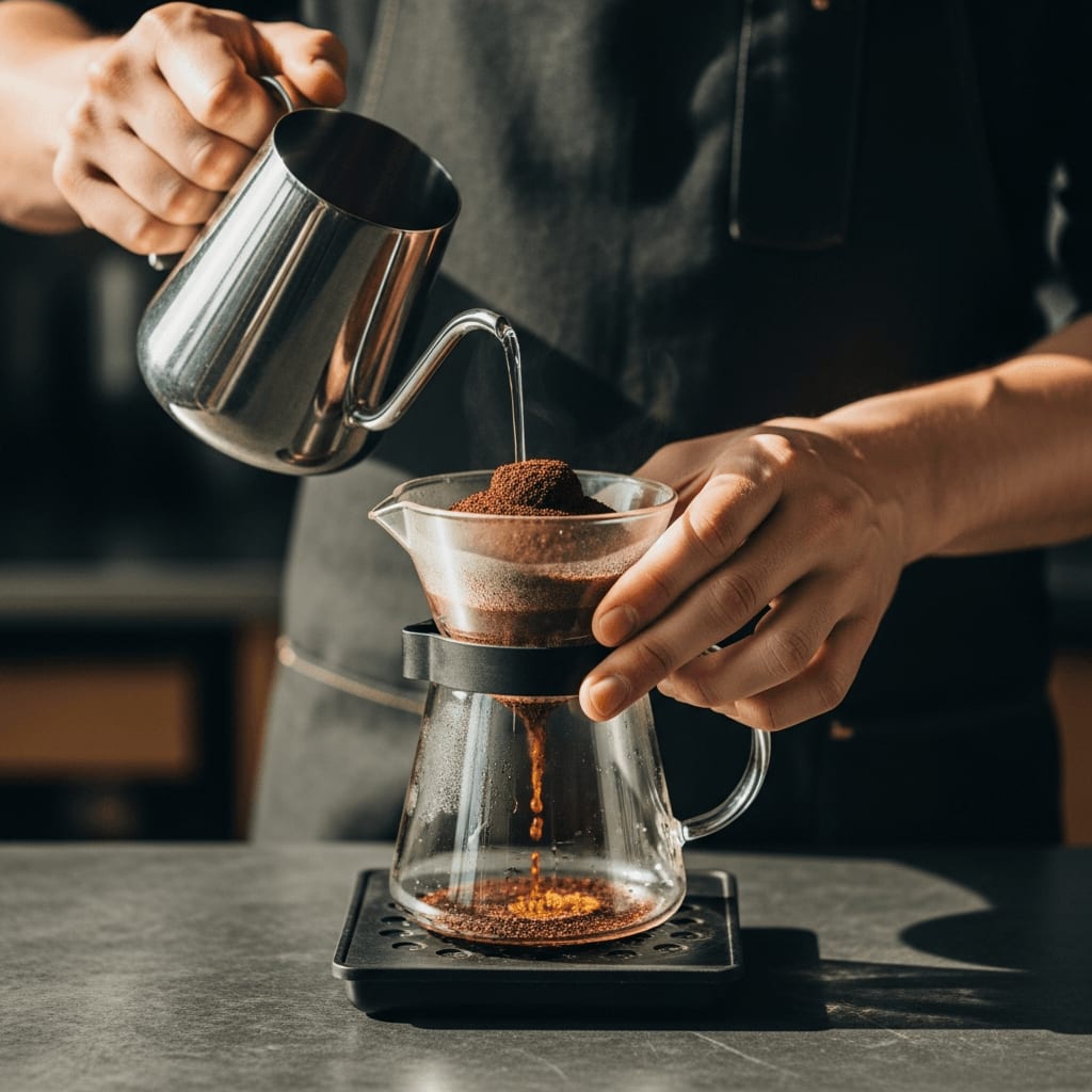 Zubereitung von Cold Brew Kaffee mit grobem Mahlgrad für erfrischende Frühlings-Kaffeegetränke an warmen Tagen.