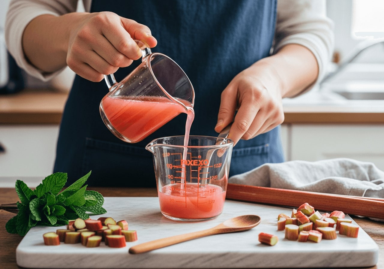 Hausgemachter rosa Rhabarbersirup wird für erfrischende Kaffeegetränke im Frühling in einen Messbecher gegossen.