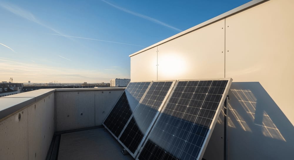 Bifaziale Solarmodule am Balkon für mehr Ertrag: Ein optimal aufgeständertes Solarpaneel vor einer hellen Hauswand.