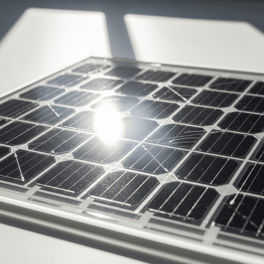 Detailansicht der transparenten Rückseite bifazialer Solarmodule am Balkon zur optimalen Nutzung der Lichtreflexion.