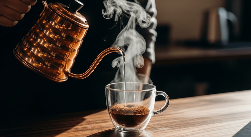 Barista gießt heißes Wasser für Pilz-Kaffee in ein Glas, Dampf steigt auf und zeigt die erdig-schokoladigen Aromen.