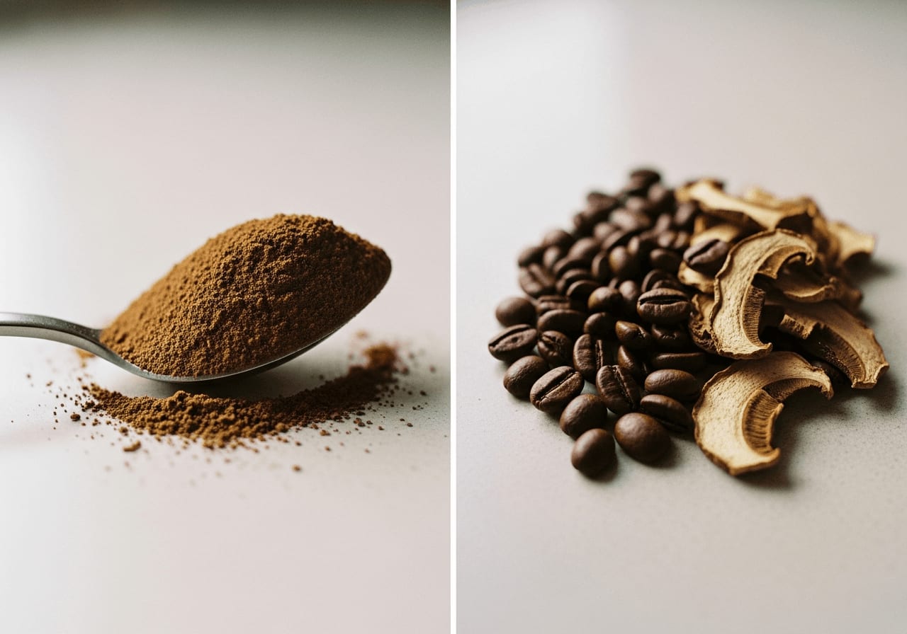 Vergleich im Pilz-Kaffee Test: Instant-Pulver auf einem Löffel neben ganzen Kaffeebohnen mit Pilzextrakt.