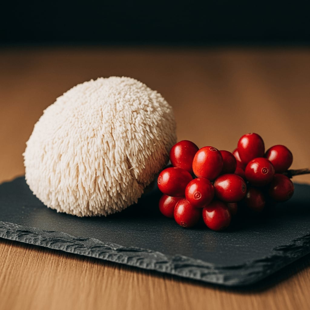 Frischer Hericium Vitalpilz neben roten Kaffeekirschen als natürliche Zutaten für hochwertigen Pilz-Kaffee.