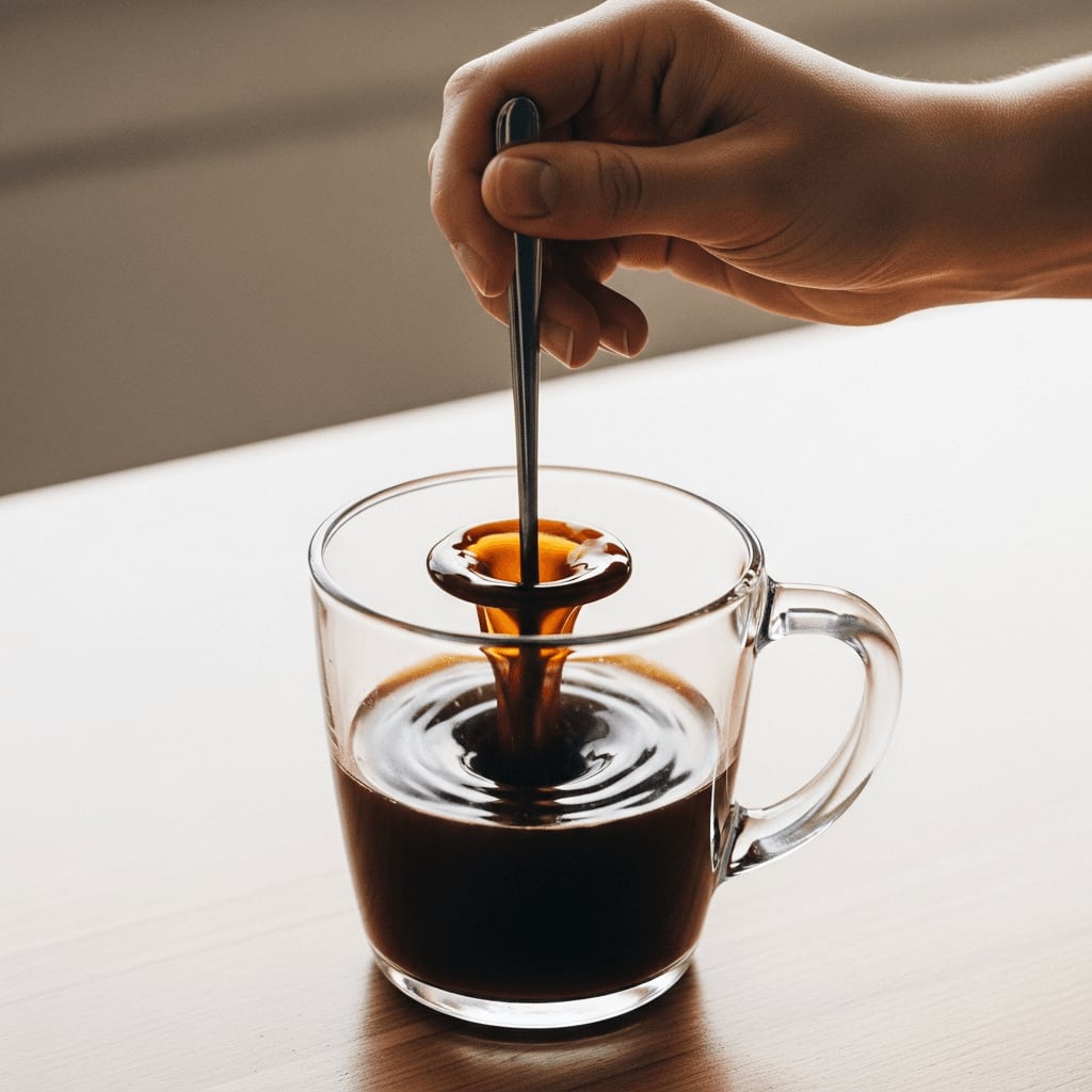 Hand rührt dunklen Pilz-Kaffee in einem Glas um und erzeugt einen Strudel für die perfekte Koffeinwirkung.