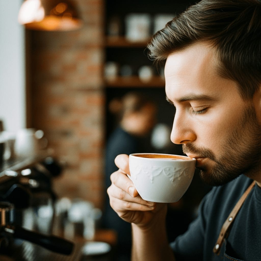 Barista verkostet frisch gebrühten Pilz-Kaffee aus einer weißen Tasse zur Bewertung der erdig-schokoladigen Aromen.