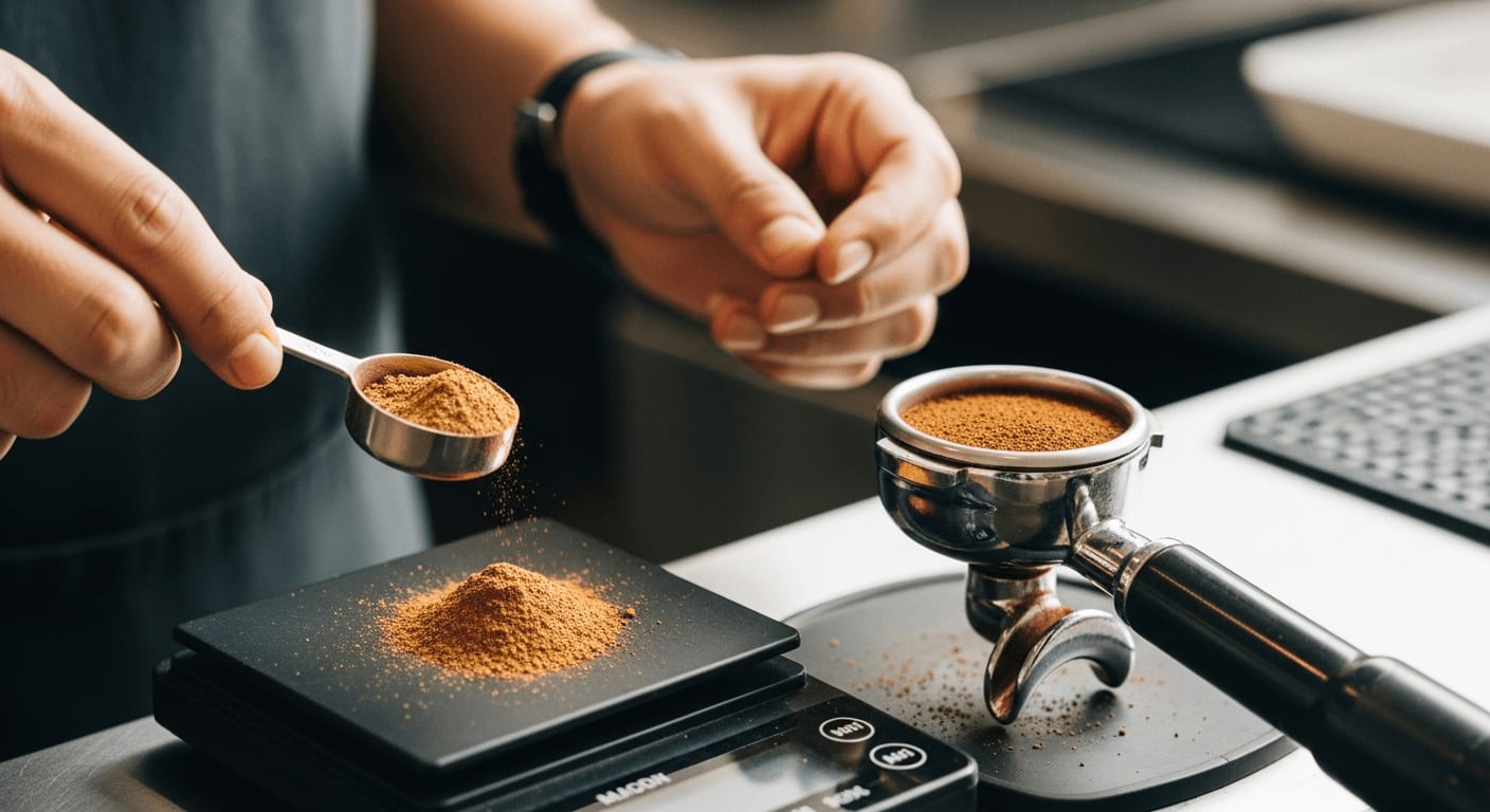 Barista bereitet Kaffee als Nootropikum zu und wiegt Adaptogen-Pulver neben einem Siebträger ab
