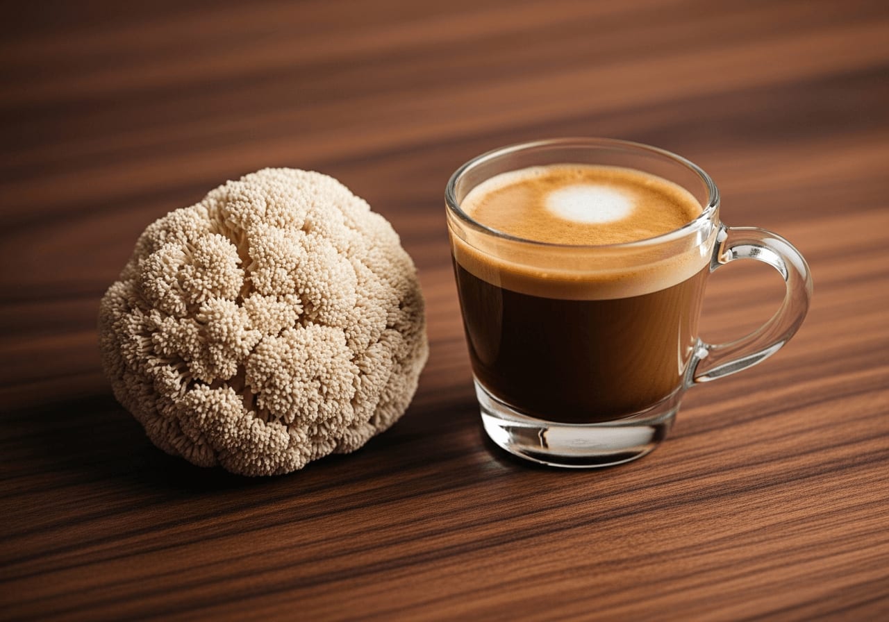 Löwenmähne Vitalpilz neben einem frischen Espresso als natürliches Nootropikum für bessere kognitive Funktion
