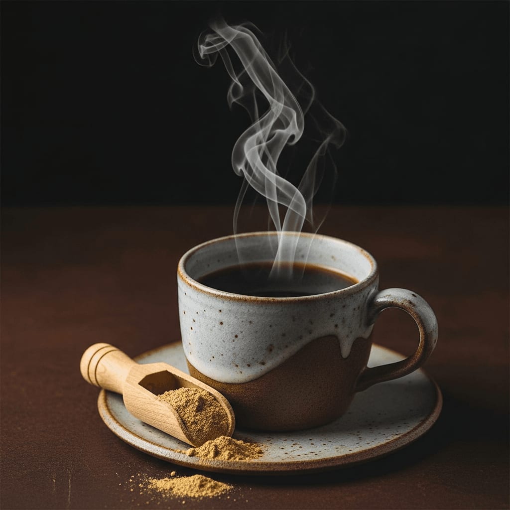 Maca-Pulver auf einem Holzlöffel über einer Tasse mit heißem Kaffee als adaptogener Brain-Booster