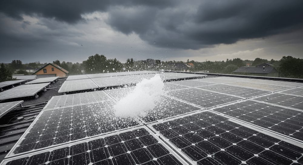 Solarpanel-Hageltest im Unwetter: Moderne Solarmodule auf einem Hausdach trotzen extremen Hagelkörnern ohne Schäden.