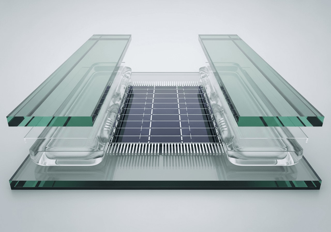 Aufbau von Glas-Glas-Modulen für maximalen Schutz: Die Siliziumzellen liegen sicher zwischen zwei gehärteten Glasscheiben.