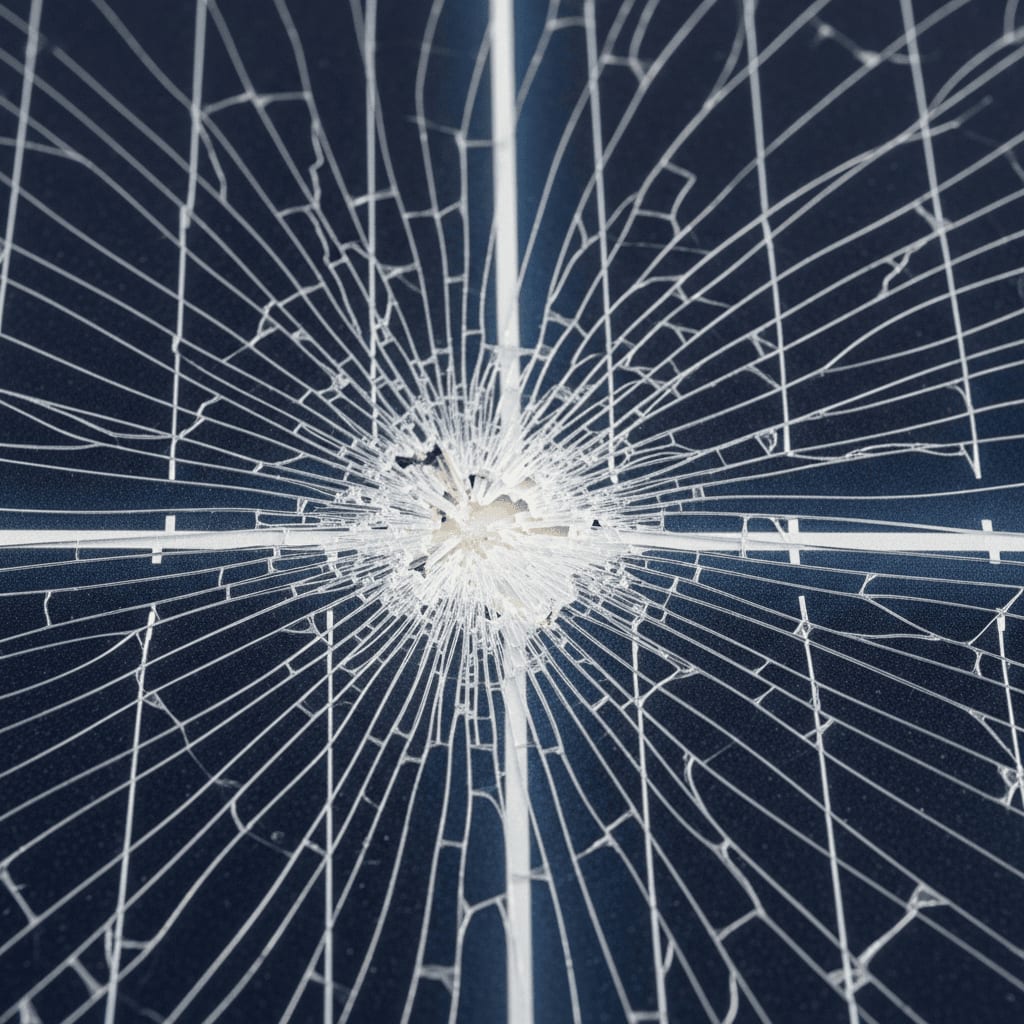Sichtbarer Hagelschaden an einem alten Solarmodul mit spinnennetzartigen Rissen im Glas nach starkem Unwetter.