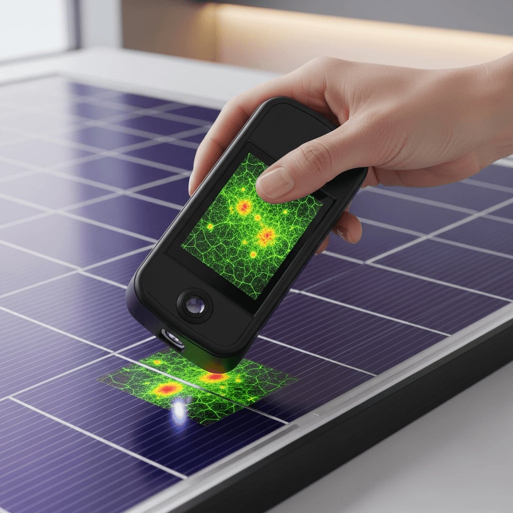 Überprüfung der Solarmodule auf versteckte Mikrorisse in den Siliziumzellen nach einem schweren Hagelschauer.