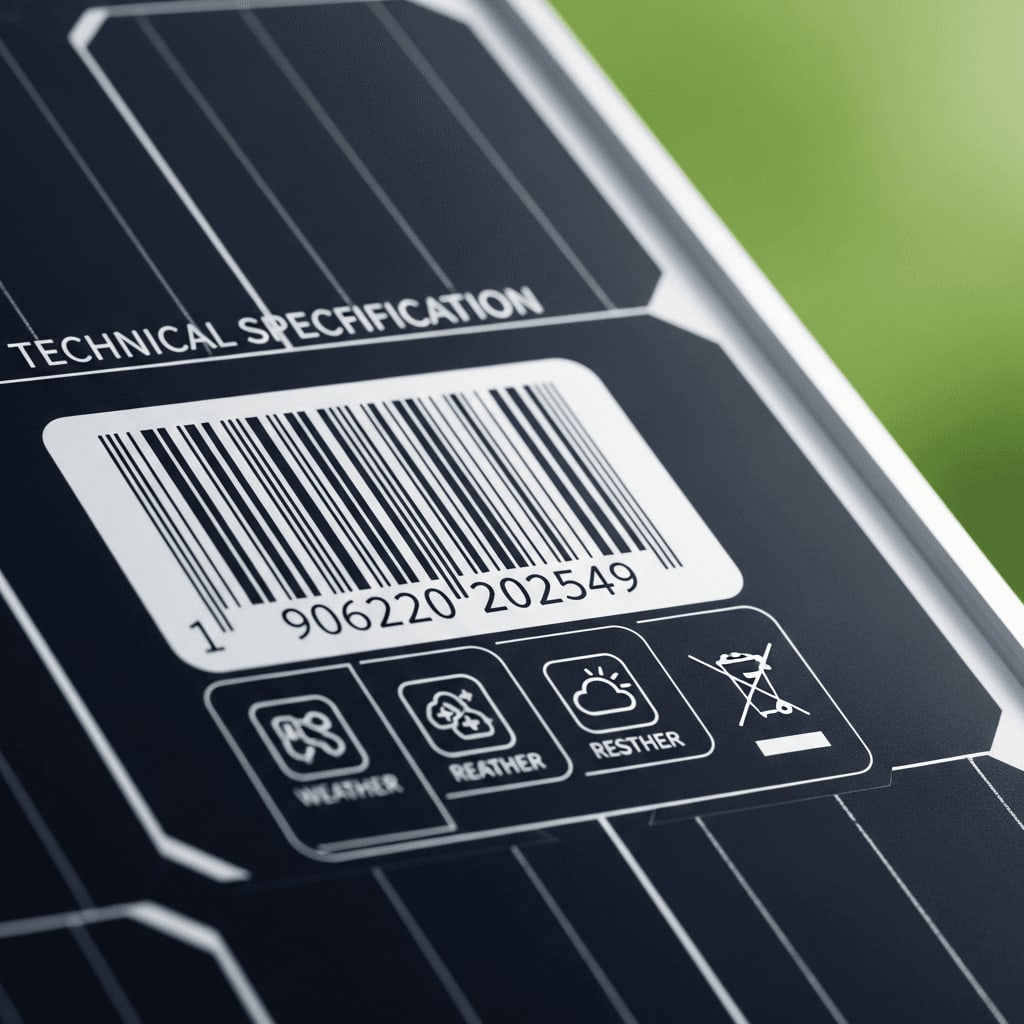 Typenschild eines Solarmoduls mit Zertifizierung als Nachweis der Hagelwiderstandsklasse für die Gebäudeversicherung.
