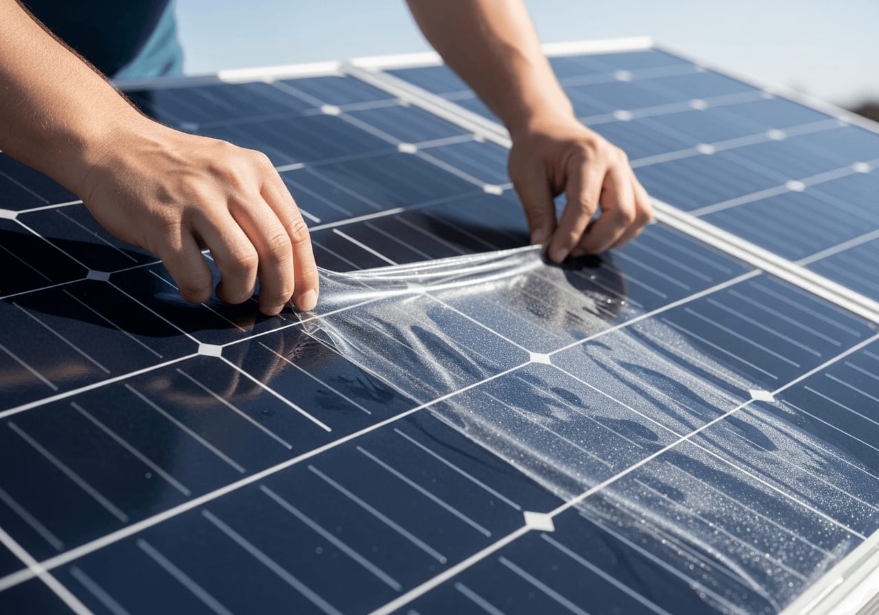 Nachrüstung von Schutzfolien auf alten Solarmodulen als alternativer Hagelschutz, der jedoch den Stromertrag mindert.