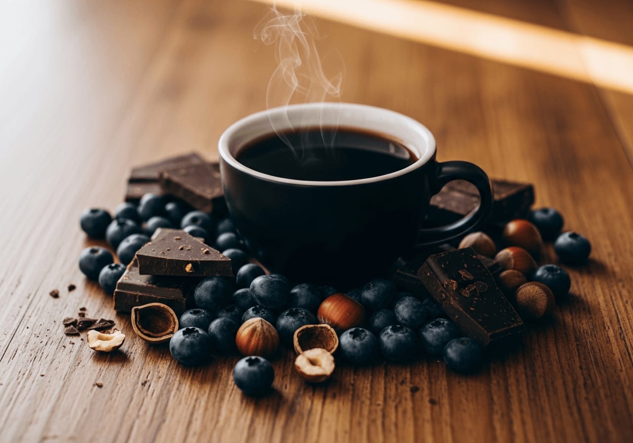 Kaffee-Aromen Rad: Tasse Kaffee umgeben von Blaubeeren, Schokolade und Haselnüssen auf einem Holztisch.