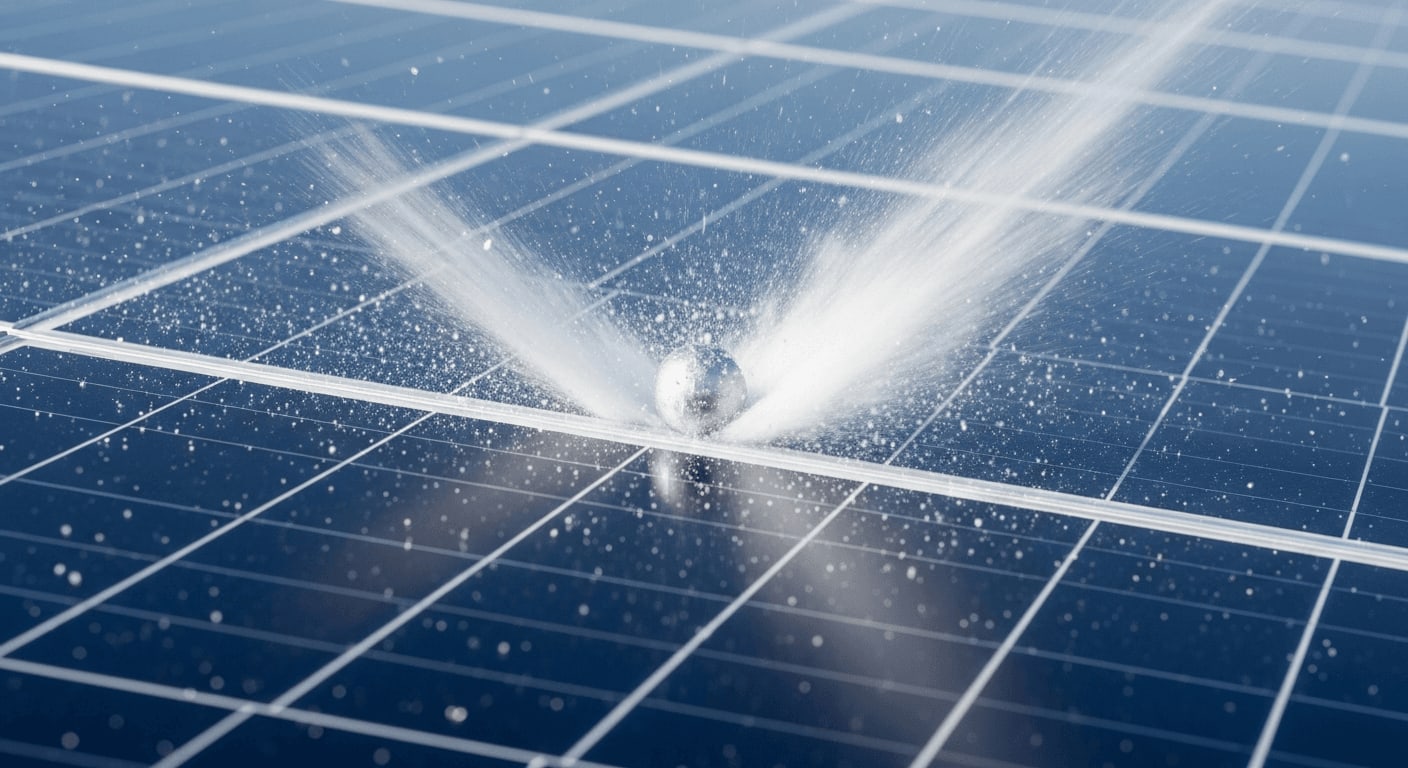 Widerstandsfähige Photovoltaik im Solarpanel-Hageltest: Hagelkörner prallen von intaktem ESG-Glas des Solarmoduls ab.